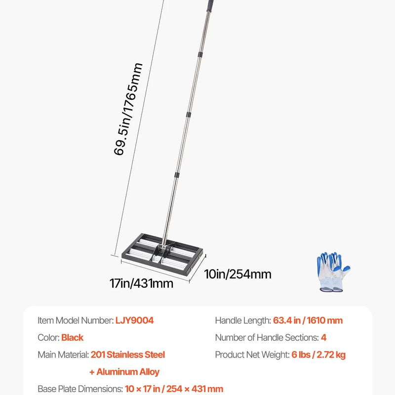 VEVOR zāliena līdzināšanas grābeklis ar 161 cm regulējamu rokturi, 43,2 × 25,4 cm zemes plāksni, izturīgs un rūsas izturīgs metāla augsnes līdzinātājs, zāliena līdzināšanas instruments pagalmam un golfa laukumiem