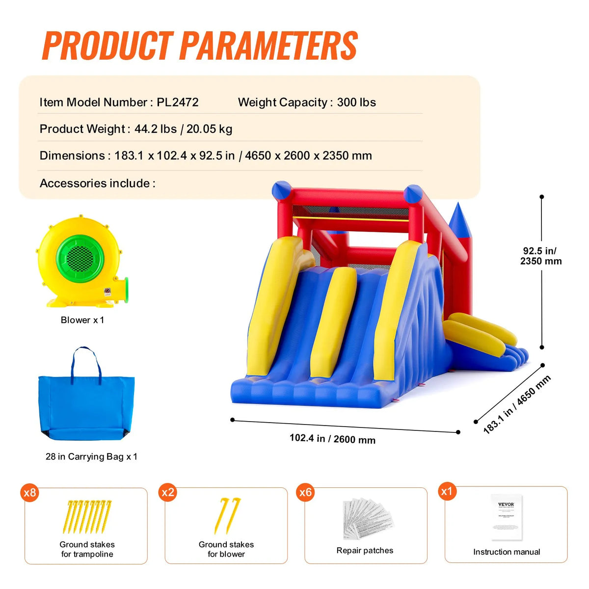 VEVOR Inflatable Bouncy Castle with Slide and Blower, 4.65 × 2.59 × 2.34 m, 3–8 Years