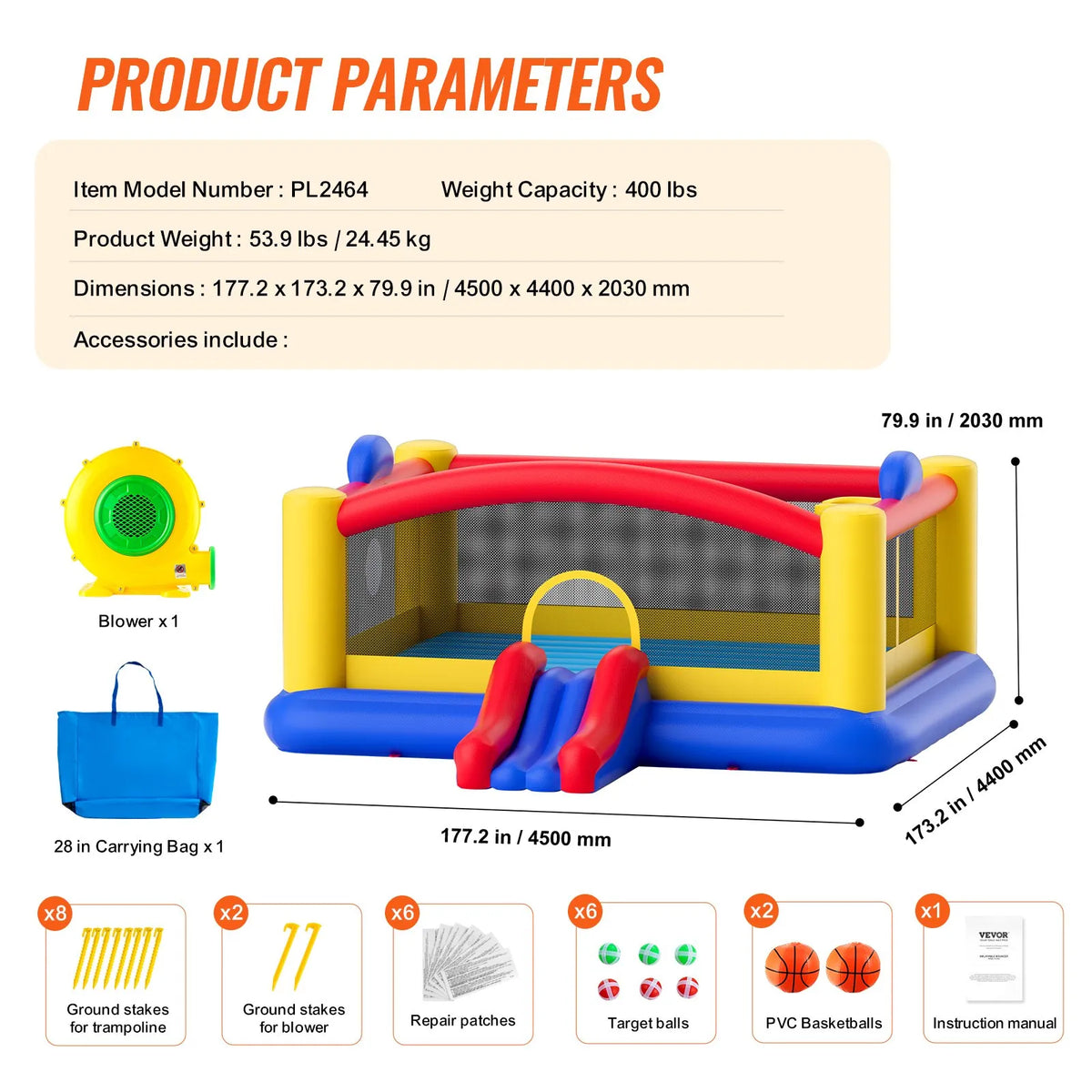 VEVOR Inflatable Bouncy Castle with Slide and Blower, 4.50 × 4.39 × 2.03 m, 3–10 Years
