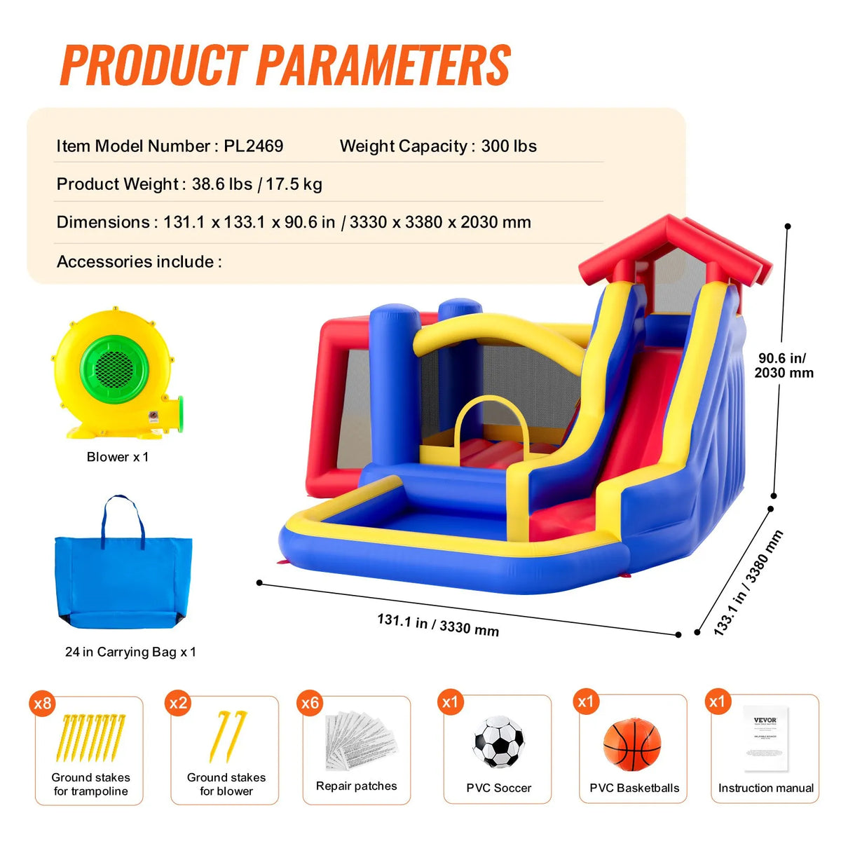 VEVOR Inflatable Bouncy Castle with Slide and Blower, 3.33 × 3.38 × 2.31 m, Ages 3–8