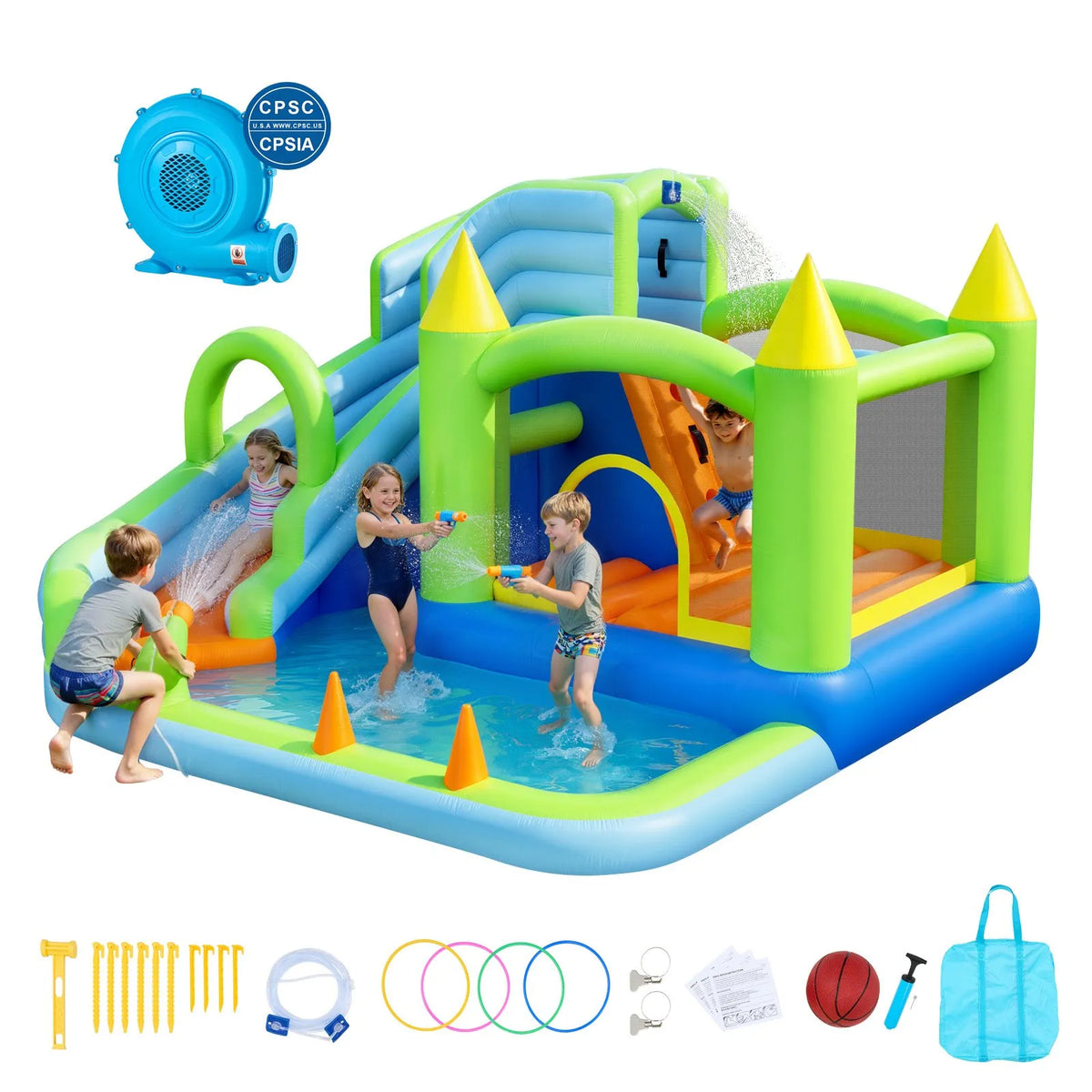 VEVOR Inflatable Castle with Water Slide, Basketball Hoop and Pool, 3.45 × 3.75 × 2.13 m, Ages 3–8