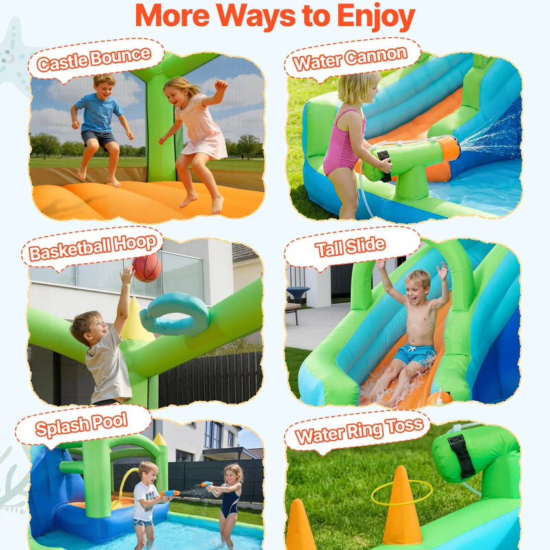 VEVOR Piepūšamā batuta pils ar ūdens slidkalniņu 3,45 × 3,75 × 2,13 m, ar batuta zonu, basketbola grozu, šļakatu baseinu un ūdens riņķa mešanu, paredzēta 3–4 bērniem vecumā no 3 līdz 8 gadiem