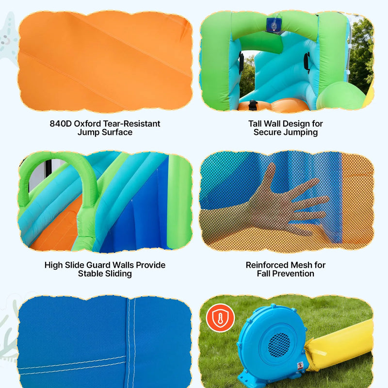 VEVOR Piepūšamā batuta pils ar ūdens slidkalniņu 3,45 × 3,75 × 2,13 m, ar batuta zonu, basketbola grozu, šļakatu baseinu un ūdens riņķa mešanu, paredzēta 3–4 bērniem vecumā no 3 līdz 8 gadiem