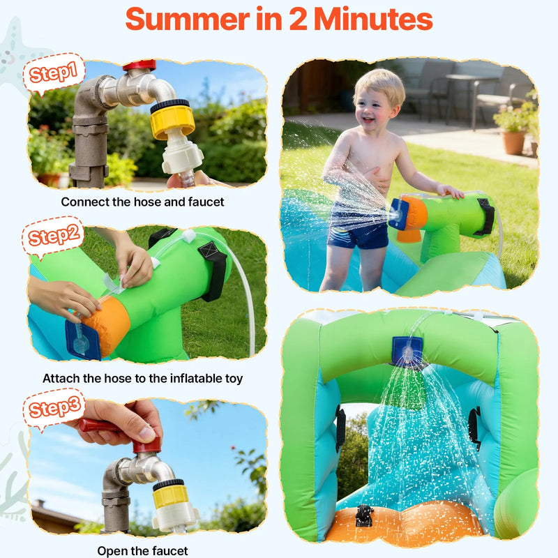 VEVOR Piepūšamā batuta pils ar ūdens slidkalniņu 3,45 × 3,75 × 2,13 m, ar batuta zonu, basketbola grozu, šļakatu baseinu un ūdens riņķa mešanu, paredzēta 3–4 bērniem vecumā no 3 līdz 8 gadiem