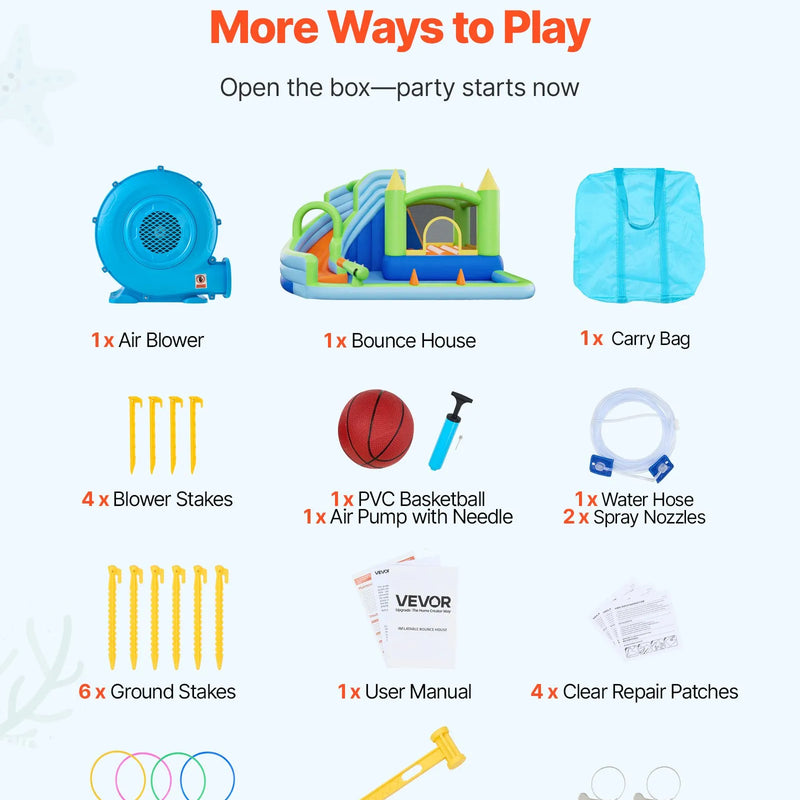 VEVOR Piepūšamā batuta pils ar ūdens slidkalniņu 3,45 × 3,75 × 2,13 m, ar batuta zonu, basketbola grozu, šļakatu baseinu un ūdens riņķa mešanu, paredzēta 3–4 bērniem vecumā no 3 līdz 8 gadiem