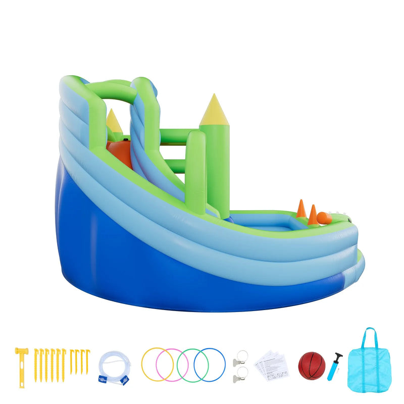 VEVOR Piepūšamā batuta pils ar ūdens slidkalniņu 3,45 × 3,75 × 2,13 m, ar batuta zonu, basketbola grozu, šļakatu baseinu un ūdens riņķa mešanu, paredzēta 3–4 bērniem vecumā no 3 līdz 8 gadiem
