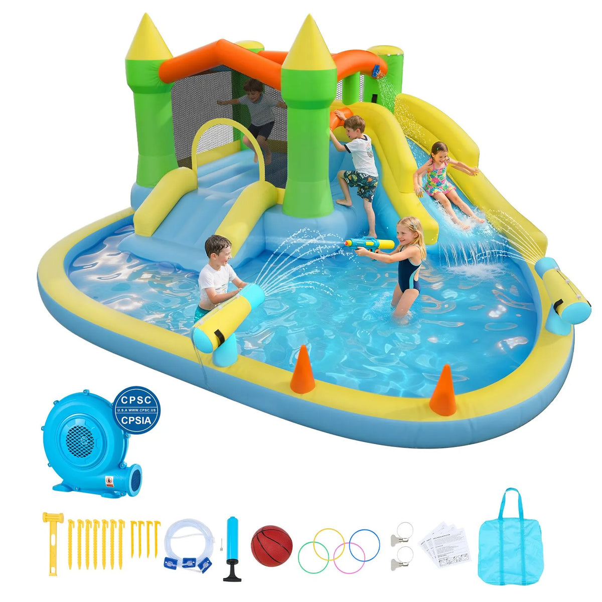 VEVOR Inflatable Castle with Water Slide, Basketball Hoop and Pool, 3.81 × 3.99 × 1.98 m, Ages 3–8