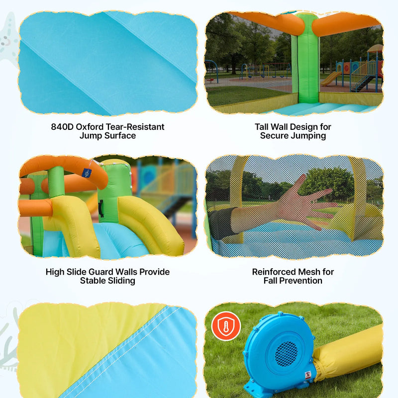 VEVOR Piepūšamā batuta pils ar ūdens slidkalniņu 3,81 × 3,99 × 1,98 m, ar lēkāšanas zonu, basketbola grozu, šļakatu baseinu un ūdens riņķa mešanu, paredzēta 3–4 bērniem vecumā no 3 līdz 8 gadiem