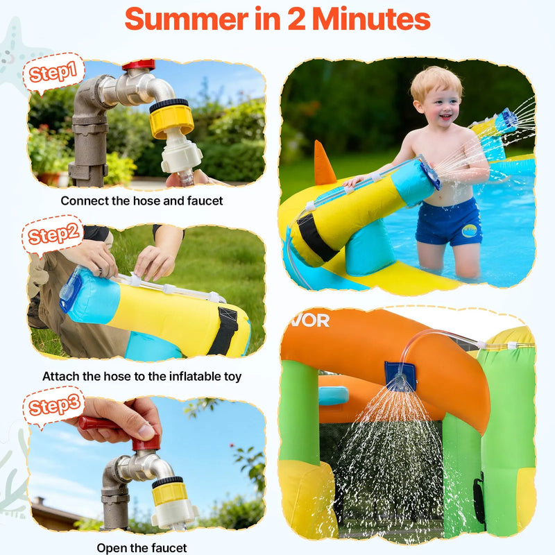 VEVOR Piepūšamā batuta pils ar ūdens slidkalniņu 3,81 × 3,99 × 1,98 m, ar lēkāšanas zonu, basketbola grozu, šļakatu baseinu un ūdens riņķa mešanu, paredzēta 3–4 bērniem vecumā no 3 līdz 8 gadiem