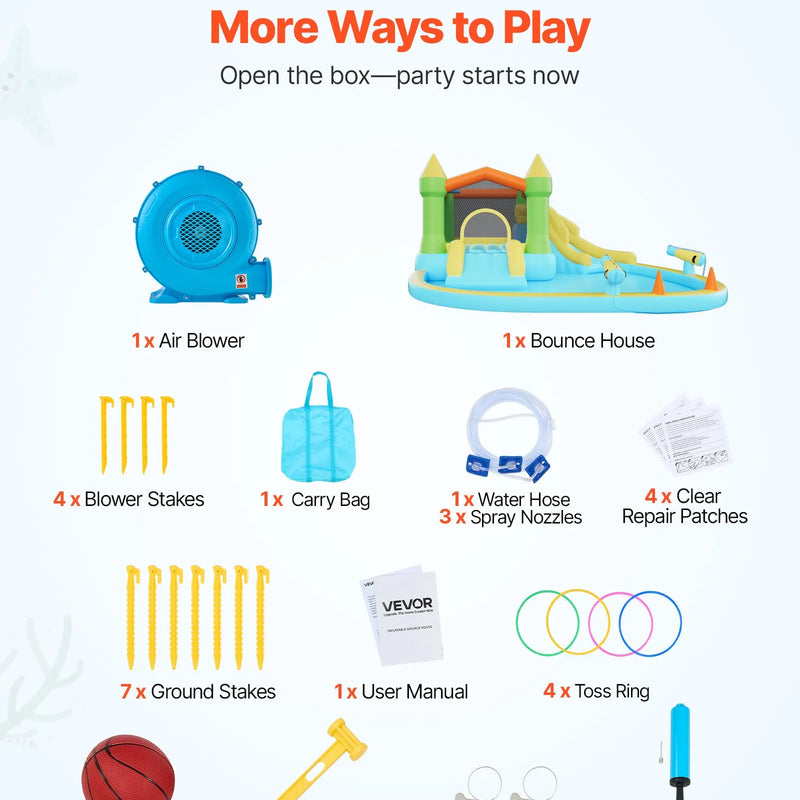 VEVOR Piepūšamā batuta pils ar ūdens slidkalniņu 3,81 × 3,99 × 1,98 m, ar lēkāšanas zonu, basketbola grozu, šļakatu baseinu un ūdens riņķa mešanu, paredzēta 3–4 bērniem vecumā no 3 līdz 8 gadiem