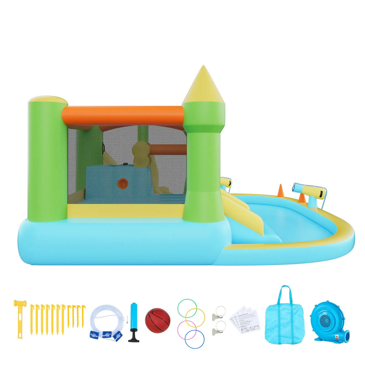 VEVOR Inflatable Castle with Water Slide, Basketball Hoop and Pool, 3.81 × 3.99 × 1.98 m, Ages 3–8