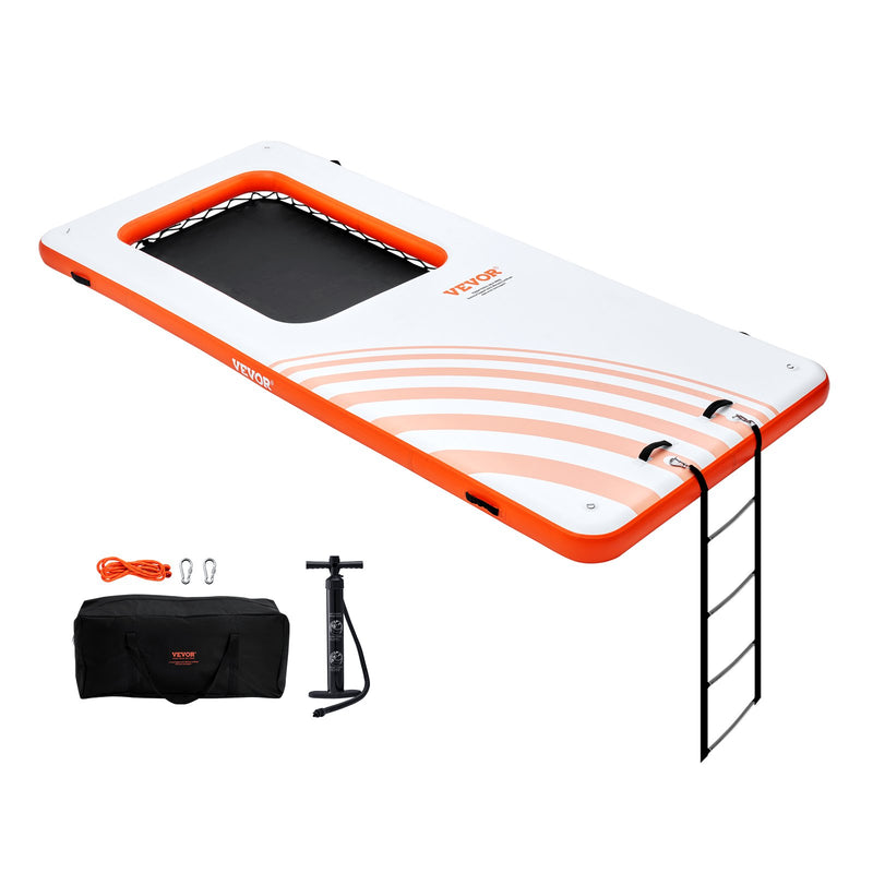 VEVOR 4,6 × 2 m piepūšama peldoša platforma ar 1,2 × 1,8 m tramplīna tīkla baseinu – neslīdoša ūdens paklāja platforma ar pārnēsājamo somu un noņemamām kāpnēm atpūtai pie baseina vai pludmalē