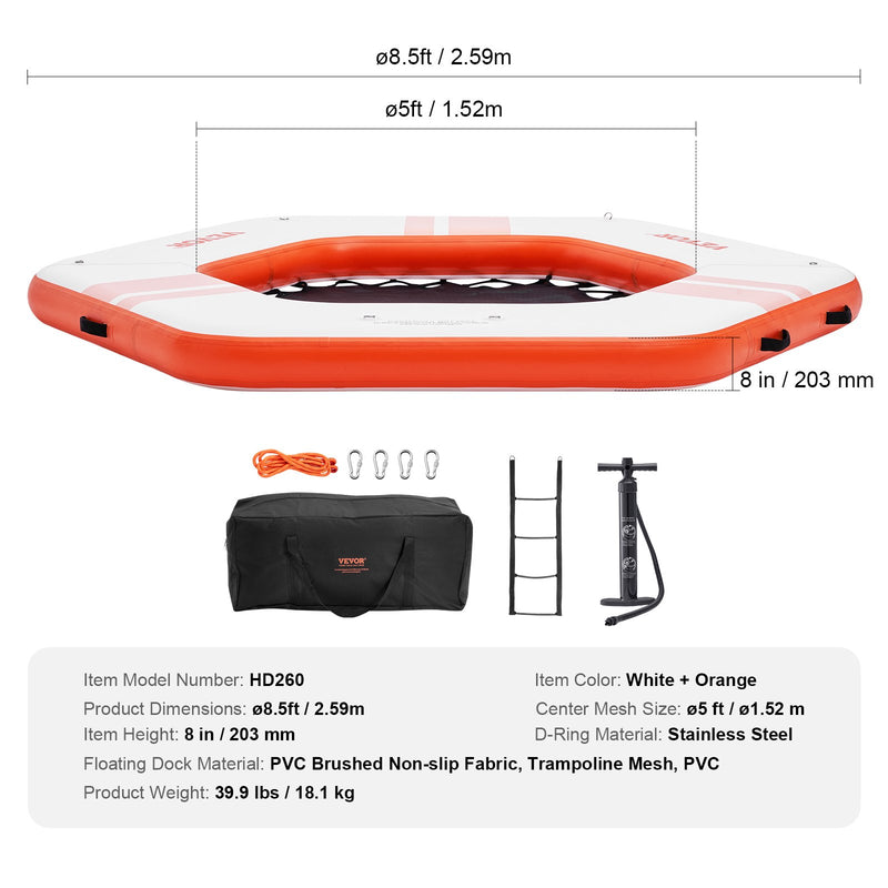 VEVOR 2,6 m piepūšama peldoša platforma ar 1,5 m tramplīna tīkla baseinu – neslīdoša ūdens platforma ar somu un noņemamām kāpnēm atpūtai pie baseina vai pludmalē