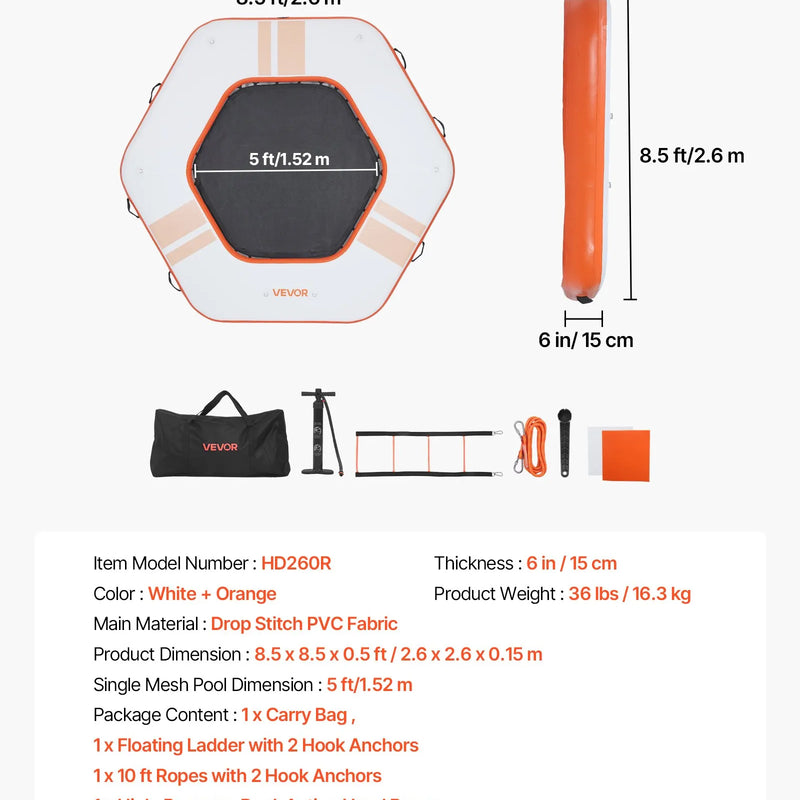 VEVOR piepūšama peldošā platforma, 2,6 x 2,6 m, neslīdošs ūdens paklājs ar pārnēsāšanas somu un noņemamām kāpnēm, peldoša sala baseinam, pludmalei un jūrai, oranža - ZEMLETES.LV