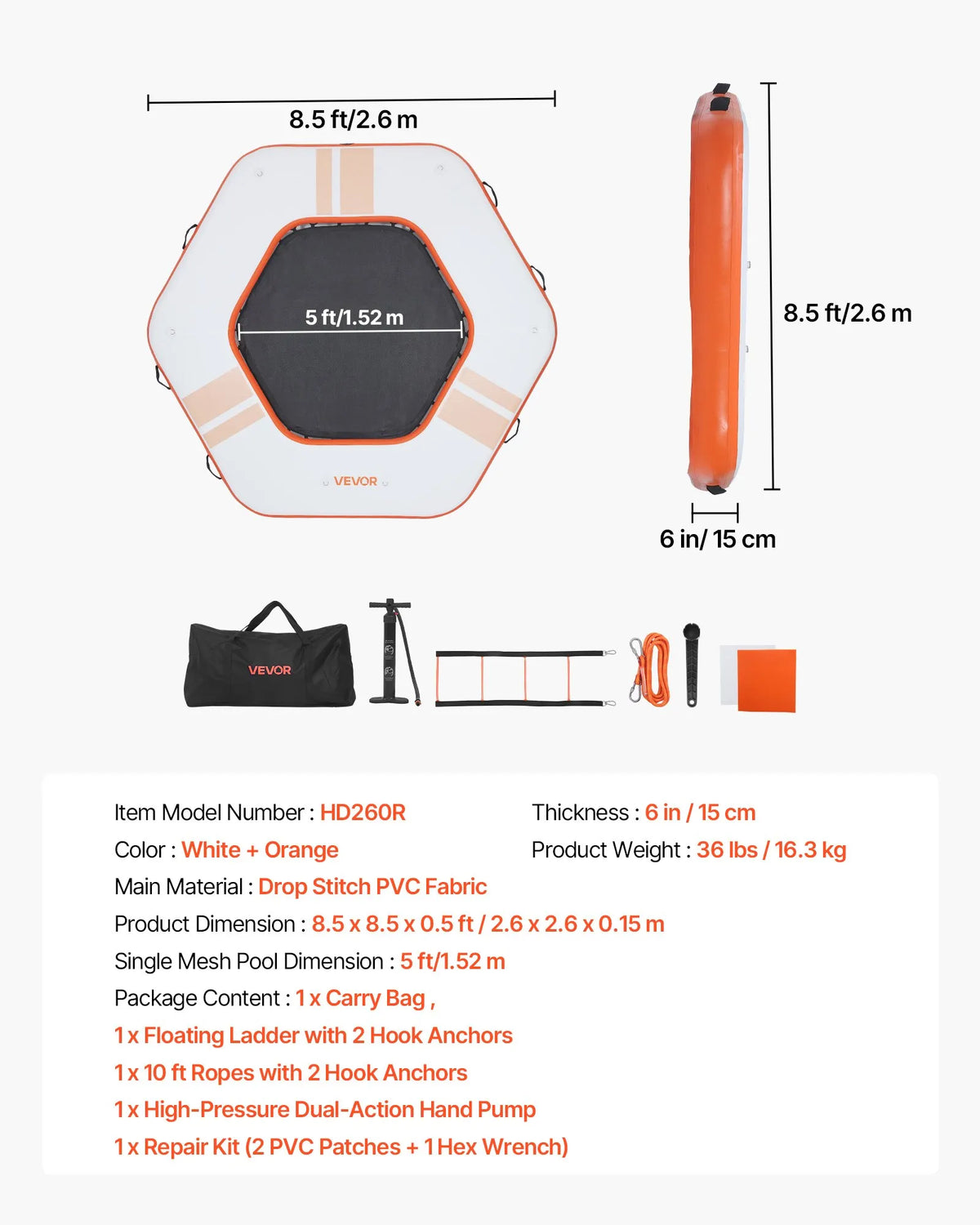VEVOR piepūšama peldošā platforma, 2,6 x 2,6 m, neslīdošs ūdens paklājs ar pārnēsāšanas somu un noņemamām kāpnēm, peldoša sala baseinam, pludmalei un jūrai, oranža - ZEMLETES.LV