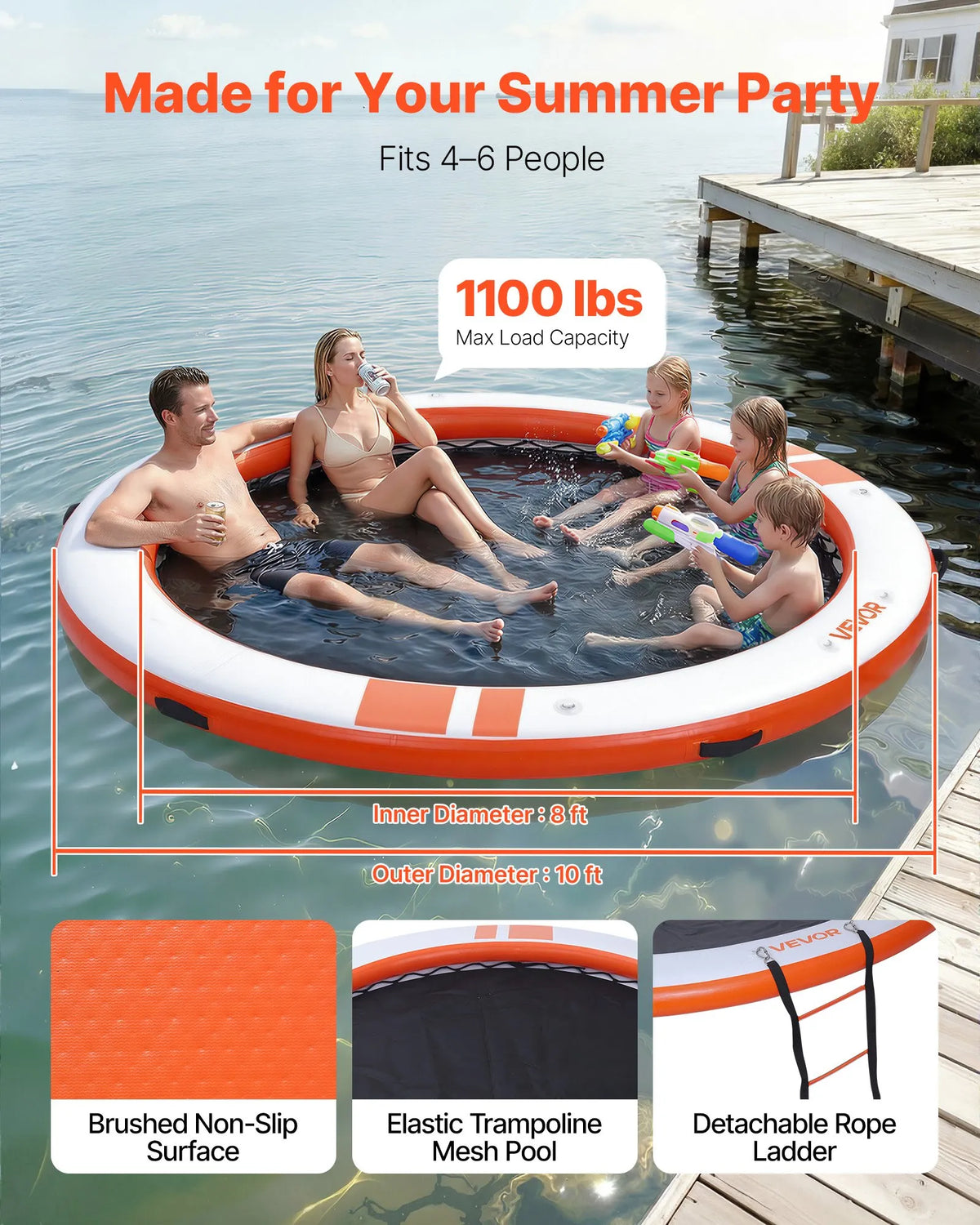 VEVOR piepūšama peldošā platforma, 3,05 m, neslīdošs ūdens paklājs ar pārnēsāšanas somu un noņemamām kāpnēm, peldoša sala baseinam, pludmalei un jūrai, oranža - ZEMLETES.LV