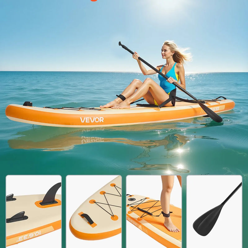 VEVOR piepūšamais SUP dēlis ar sēdekli 323 x 84 x 15 cm, īpaši viegls stāvairēšanas dēlis komplektā ar pumpi, airi, spuru, mugursomu un drošības saiti pieaugušajiem un jauniešiem