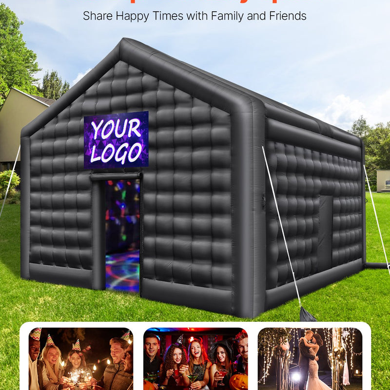 VEVOR 5 x 4 x 3.8 m piepūšamā telts, ideāli piemērota āra ballītēm, pasākumiem vai jebkuram citam notikumam, kas prasa unikālu un stilīgu vidi. Iekļauts apgaismojums, kas piešķir papildus atmosfēru jūsu pasākumam.