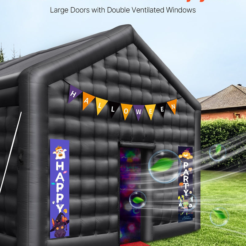 VEVOR 5 x 4 x 3.8 m piepūšamā telts, ideāli piemērota āra ballītēm, pasākumiem vai jebkuram citam notikumam, kas prasa unikālu un stilīgu vidi. Iekļauts apgaismojums, kas piešķir papildus atmosfēru jūsu pasākumam.