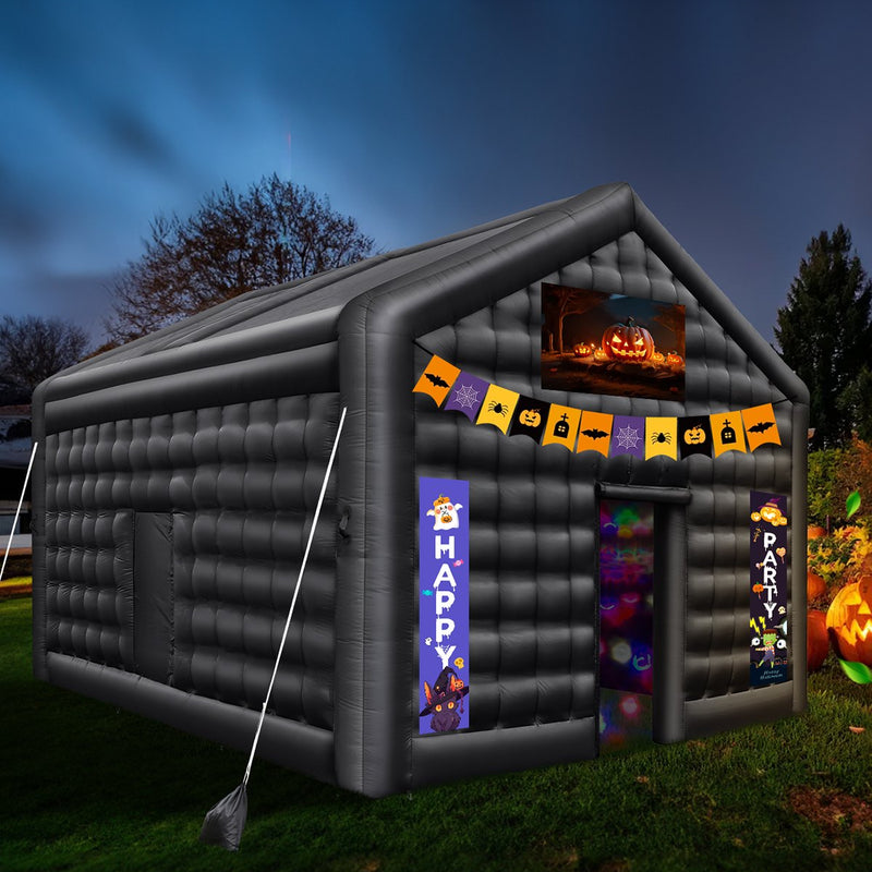 VEVOR 5 x 4 x 3.8 m piepūšamā telts, ideāli piemērota āra ballītēm, pasākumiem vai jebkuram citam notikumam, kas prasa unikālu un stilīgu vidi. Iekļauts apgaismojums, kas piešķir papildus atmosfēru jūsu pasākumam.