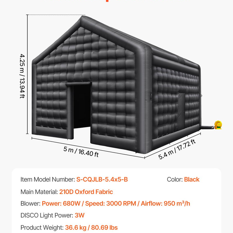 VEVOR 5.4 x 5 x 4.25 m piepūšamā telts, ideāli piemērota āra ballītēm, pasākumiem vai jebkuram citam notikumam, kas prasa unikālu un stilīgu vidi. Iekļauts apgaismojums, kas piešķir papildus atmosfēru jūsu pasākumam.