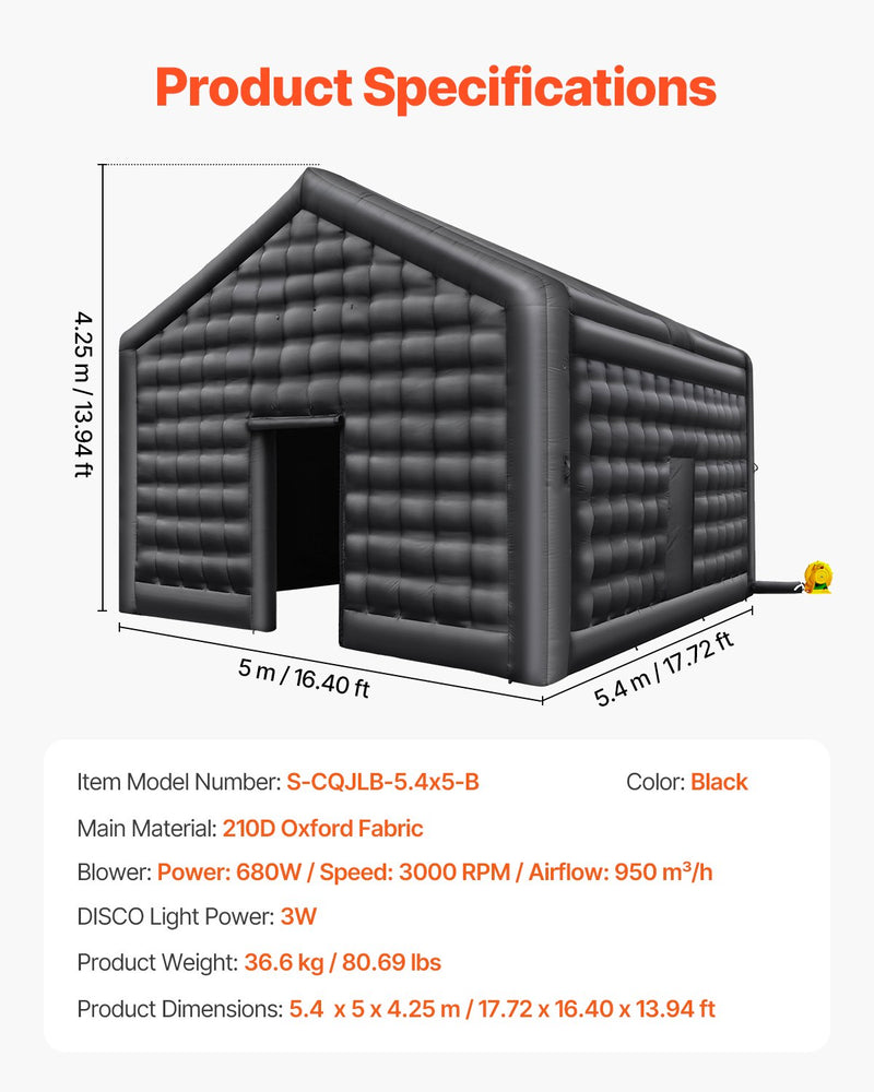 VEVOR 5.4 x 5 x 4.25 m piepūšamā telts, ideāli piemērota āra ballītēm, pasākumiem vai jebkuram citam notikumam, kas prasa unikālu un stilīgu vidi. Iekļauts apgaismojums, kas piešķir papildus atmosfēru jūsu pasākumam.