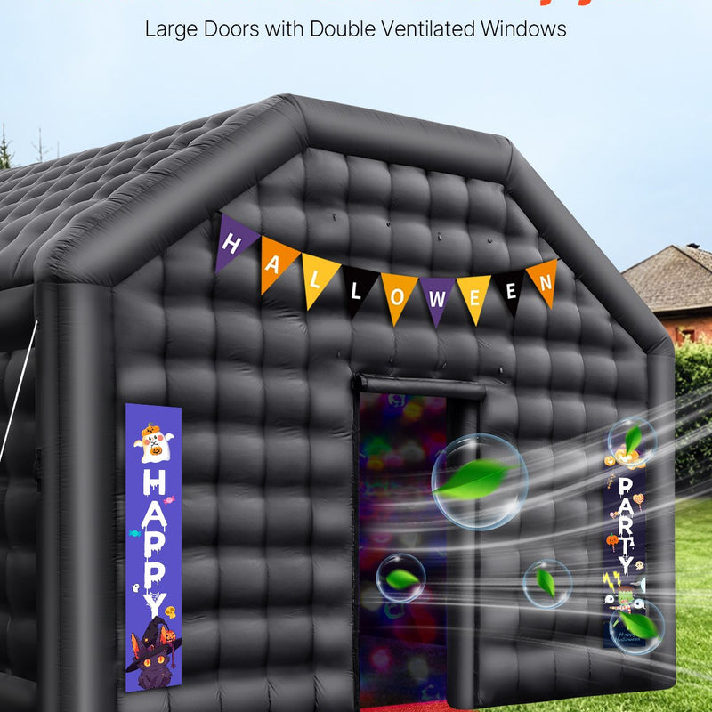 VEVOR 6 x 5 x 3.65 m piepūšamā telts, ideāli piemērota āra ballītēm, pasākumiem vai jebkuram citam notikumam, kas prasa unikālu un stilīgu vidi. Iekļauts apgaismojums, kas piešķir papildus atmosfēru jūsu pasākumam.