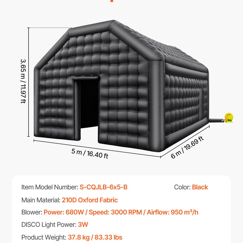 VEVOR 6 x 5 x 3.65 m piepūšamā telts, ideāli piemērota āra ballītēm, pasākumiem vai jebkuram citam notikumam, kas prasa unikālu un stilīgu vidi. Iekļauts apgaismojums, kas piešķir papildus atmosfēru jūsu pasākumam.