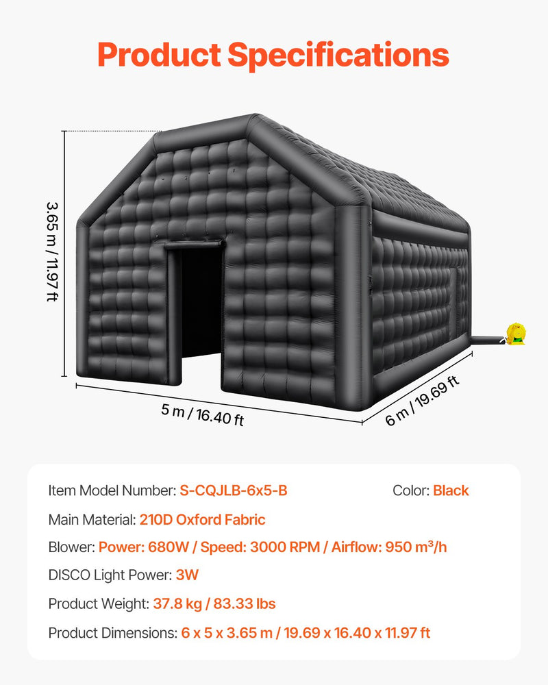 VEVOR 6 x 5 x 3.65 m piepūšamā telts, ideāli piemērota āra ballītēm, pasākumiem vai jebkuram citam notikumam, kas prasa unikālu un stilīgu vidi. Iekļauts apgaismojums, kas piešķir papildus atmosfēru jūsu pasākumam.