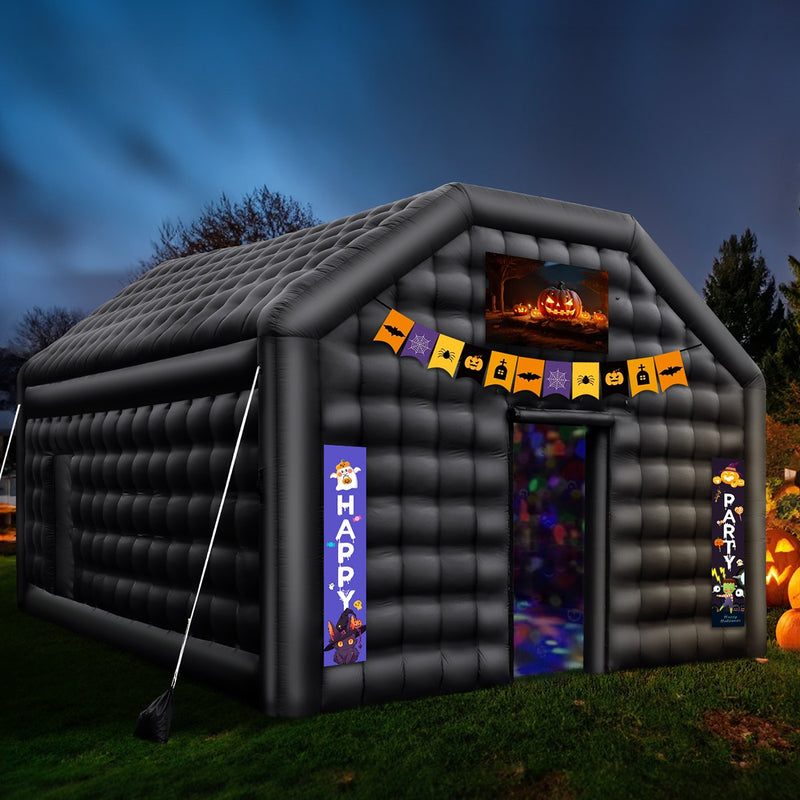 VEVOR 6 x 5 x 3.65 m piepūšamā telts, ideāli piemērota āra ballītēm, pasākumiem vai jebkuram citam notikumam, kas prasa unikālu un stilīgu vidi. Iekļauts apgaismojums, kas piešķir papildus atmosfēru jūsu pasākumam.