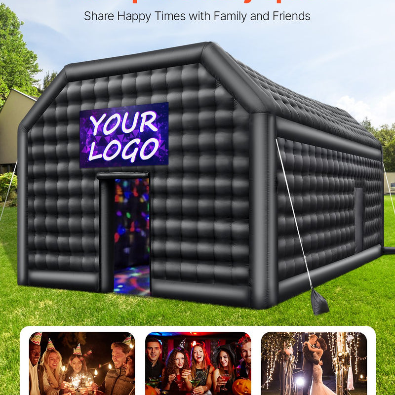 VEVOR 8 x 6 x 4m piepūšamā telts, ideāli piemērota āra ballītēm, pasākumiem vai jebkuram citam notikumam, kas prasa unikālu un stilīgu vidi. Iekļauts apgaismojums, kas piešķir papildus atmosfēru jūsu pasākumam.