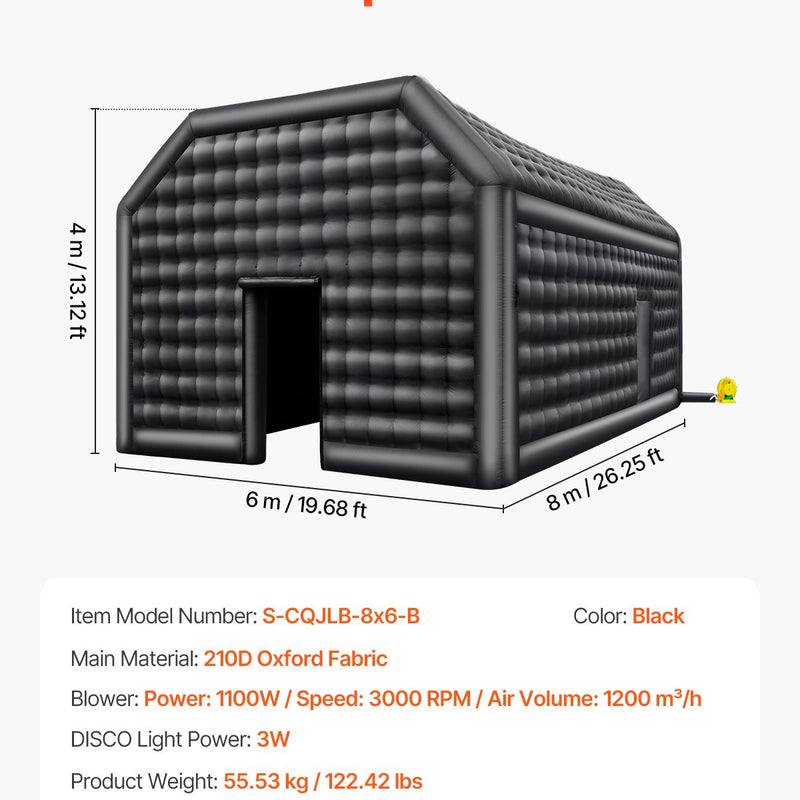 VEVOR 8 x 6 x 4m piepūšamā telts, ideāli piemērota āra ballītēm, pasākumiem vai jebkuram citam notikumam, kas prasa unikālu un stilīgu vidi. Iekļauts apgaismojums, kas piešķir papildus atmosfēru jūsu pasākumam.