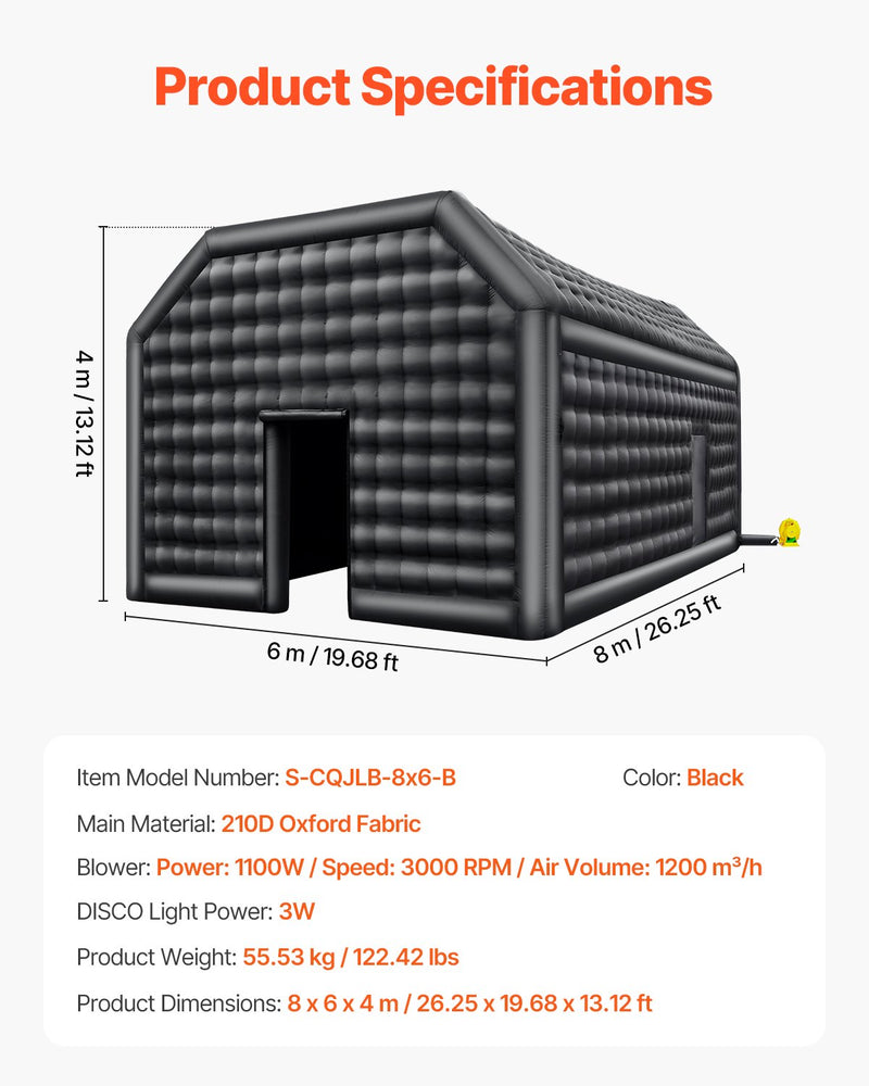 VEVOR 8 x 6 x 4m piepūšamā telts, ideāli piemērota āra ballītēm, pasākumiem vai jebkuram citam notikumam, kas prasa unikālu un stilīgu vidi. Iekļauts apgaismojums, kas piešķir papildus atmosfēru jūsu pasākumam.