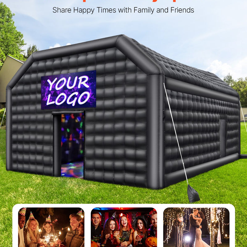 VEVOR 9 x 6 x 4m piepūšamā telts, ideāli piemērota āra ballītēm, pasākumiem vai jebkuram citam notikumam, kas prasa unikālu un stilīgu vidi. Iekļauts apgaismojums, kas piešķir papildus atmosfēru jūsu pasākumam.