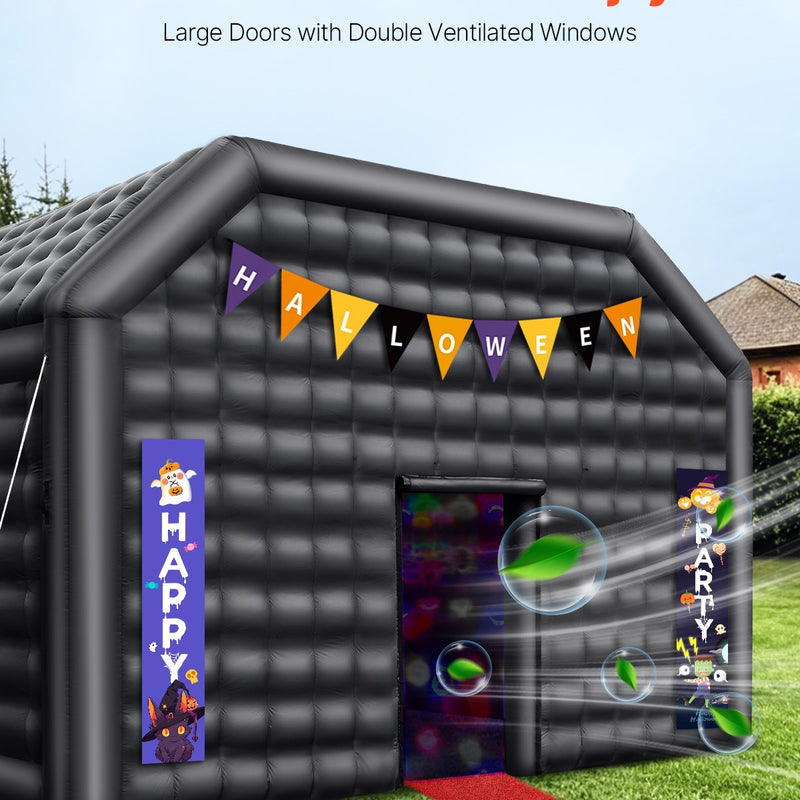 VEVOR 9 x 6 x 4m piepūšamā telts, ideāli piemērota āra ballītēm, pasākumiem vai jebkuram citam notikumam, kas prasa unikālu un stilīgu vidi. Iekļauts apgaismojums, kas piešķir papildus atmosfēru jūsu pasākumam.