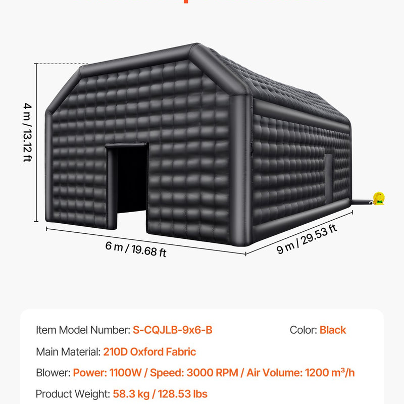 VEVOR 9 x 6 x 4m piepūšamā telts, ideāli piemērota āra ballītēm, pasākumiem vai jebkuram citam notikumam, kas prasa unikālu un stilīgu vidi. Iekļauts apgaismojums, kas piešķir papildus atmosfēru jūsu pasākumam.
