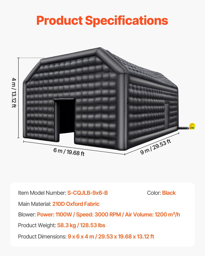 VEVOR 9 x 6 x 4m piepūšamā telts, ideāli piemērota āra ballītēm, pasākumiem vai jebkuram citam notikumam, kas prasa unikālu un stilīgu vidi. Iekļauts apgaismojums, kas piešķir papildus atmosfēru jūsu pasākumam.