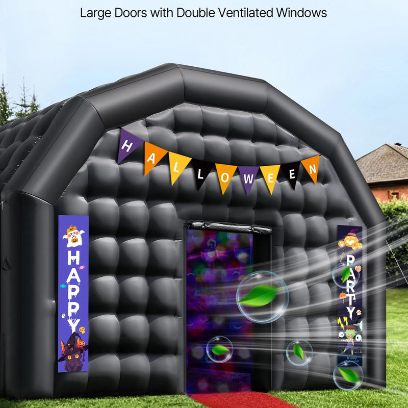 9 × 6 × 4 m piepūšama ballīšu telts ar 1100 W gaisa pūtēju un smilšu maisiem, ventilējama piepūšamā telts ar 2 logiem, piepūšama kuba tipa telpa pasākumiem, dzimšanas dienām un kāzām