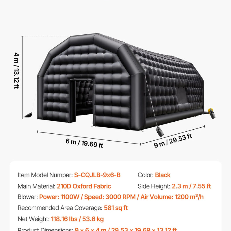 9 × 6 × 4 m piepūšama ballīšu telts ar 1100 W gaisa pūtēju un smilšu maisiem, ventilējama piepūšamā telts ar 2 logiem, piepūšama kuba tipa telpa pasākumiem, dzimšanas dienām un kāzām