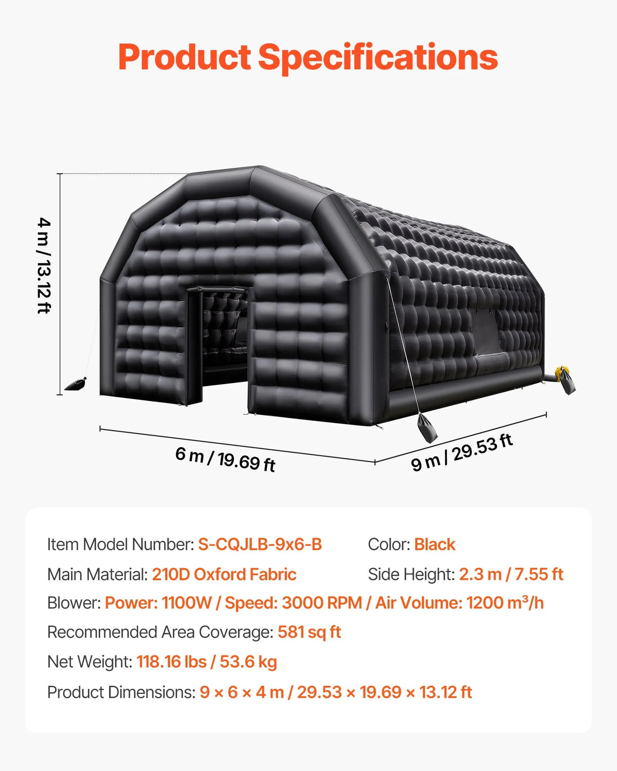 9 × 6 × 4 m Inflatable Party Tent with 1100 W Air Blower and Sandbags, Ventilated Inflatable Tent with 2 Windows, Inflatable Cube Space for Events, Birthdays and Weddings