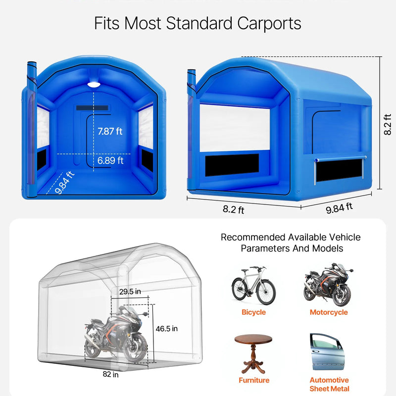 VEVOR piepūšamā krāsošanas kabīne, 3 × 2,5 × 2,5 m, piepūšamā krāsošanas kabīne ar 550 W jaudīgu gaisa pūtēju un gaisa filtrācijas sistēmu, apaļš jumts, paredzēta velosipēdu, motociklu un automobiļu virsbūves metāla detaļu krāsošanai.
