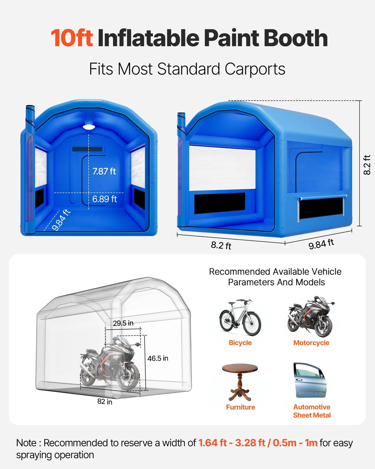 VEVOR Inflatable Paint Booth, 3 × 2.5 × 2.5 m, Inflatable Spray Booth with 550 W Powerful Air Blower and Air Filtration System, Arched Roof, for Painting Bicycles, Motorcycles and Car Body Metal Parts
