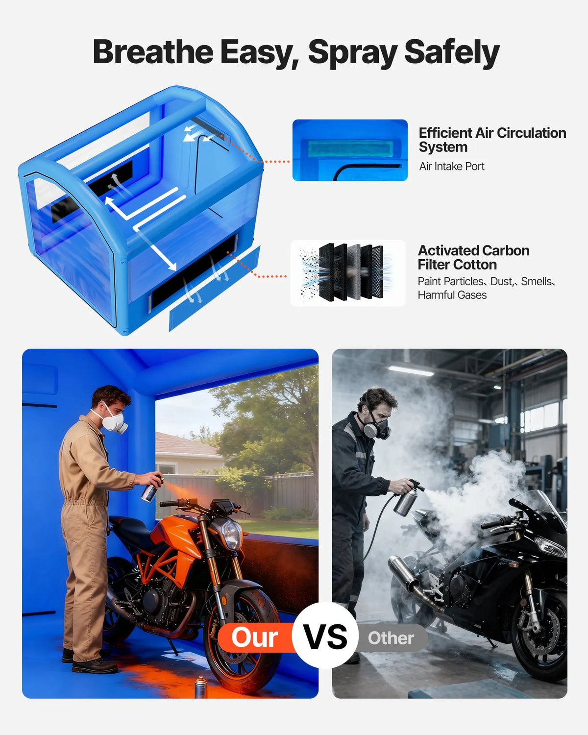 VEVOR Inflatable Paint Booth, 3 × 2.5 × 2.5 m, Inflatable Spray Booth with 550 W Powerful Air Blower and Air Filtration System, Arched Roof, for Painting Bicycles, Motorcycles and Car Body Metal Parts