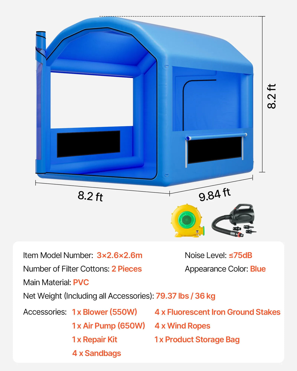 VEVOR Inflatable Paint Booth, 3 × 2.5 × 2.5 m, Inflatable Spray Booth with 550 W Powerful Air Blower and Air Filtration System, Arched Roof, for Painting Bicycles, Motorcycles and Car Body Metal Parts