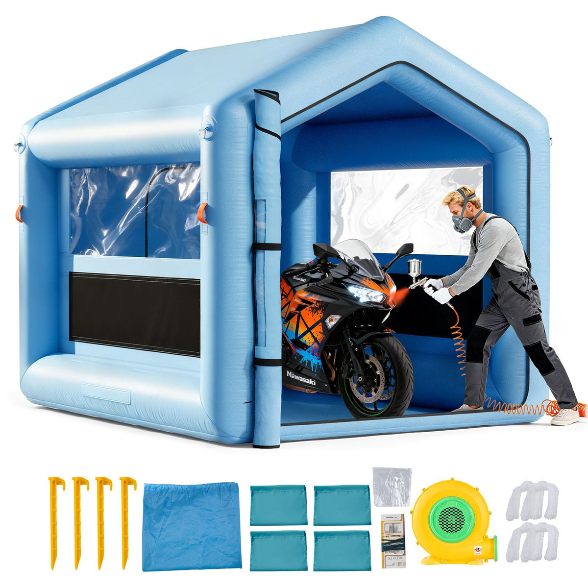 VEVOR Inflatable Spray Booth, 3 × 2.5 × 2.5 m, with 550 W Powerful Air Blower and Air Filtration System, Triangular Roof, for Painting Bicycles, Motorcycles and Car Body Metal Parts