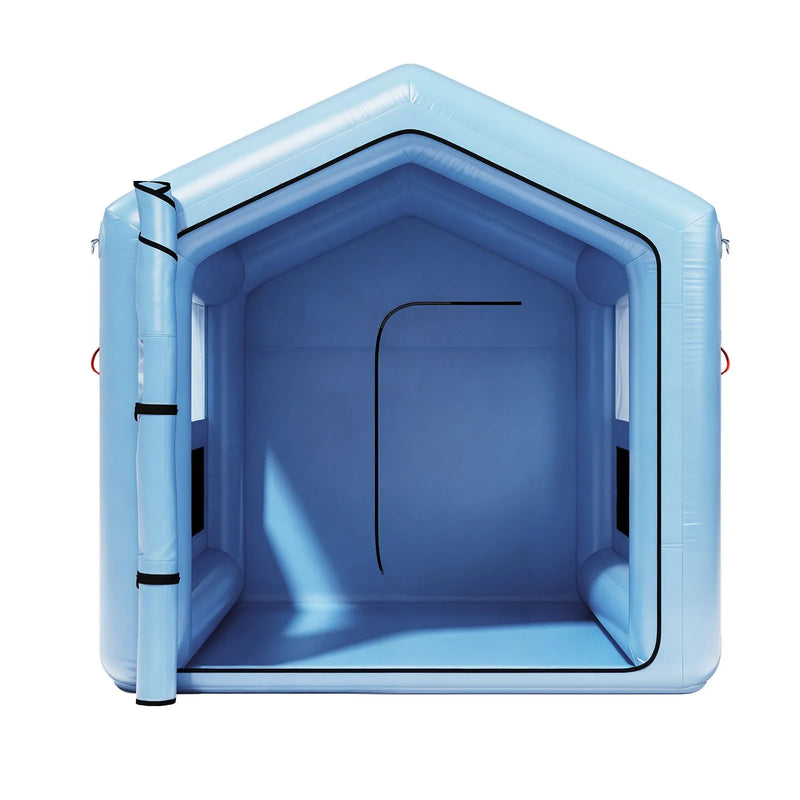 VEVOR piepūšamā krāsošanas kabīne, 3 × 2,5 × 2,5 m, ar 550 W jaudīgu gaisa pūtēju un gaisa filtrācijas sistēmu, trīsstūrveida jumts, paredzēta velosipēdu, motociklu un automobiļu virsbūves metāla detaļu krāsošanai.