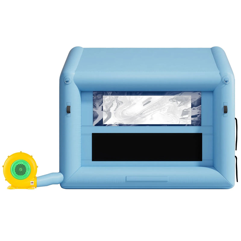 VEVOR piepūšamā krāsošanas kabīne, 3 × 2,5 × 2,5 m, ar 550 W jaudīgu gaisa pūtēju un gaisa filtrācijas sistēmu, trīsstūrveida jumts, paredzēta velosipēdu, motociklu un automobiļu virsbūves metāla detaļu krāsošanai.