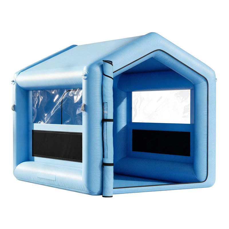 VEVOR piepūšamā krāsošanas kabīne, 3 × 2,5 × 2,5 m, ar 550 W jaudīgu gaisa pūtēju un gaisa filtrācijas sistēmu, trīsstūrveida jumts, paredzēta velosipēdu, motociklu un automobiļu virsbūves metāla detaļu krāsošanai.