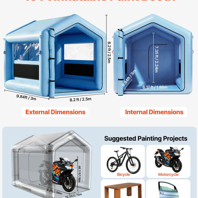 VEVOR piepūšamā krāsošanas kabīne, 3 × 2,5 × 2,5 m, ar 550 W jaudīgu gaisa pūtēju un gaisa filtrācijas sistēmu, trīsstūrveida jumts, paredzēta velosipēdu, motociklu un automobiļu virsbūves metāla detaļu krāsošanai.