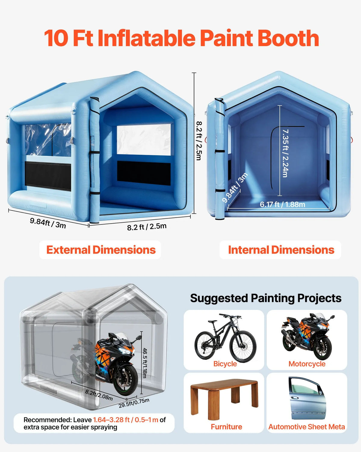 VEVOR Inflatable Spray Booth, 3 × 2.5 × 2.5 m, with 550 W Powerful Air Blower and Air Filtration System, Triangular Roof, for Painting Bicycles, Motorcycles and Car Body Metal Parts